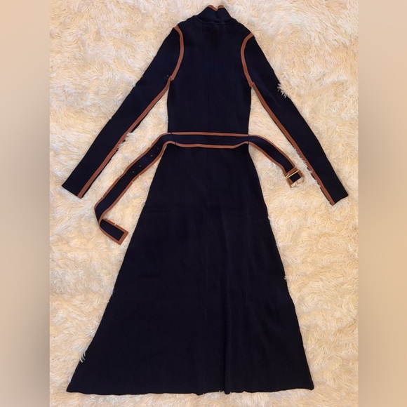 NEW REISS Ella Color Blocked Knitted Belted Midi Navy/Caramel Dress sz M - Picture 4 of 7